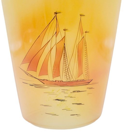 VTG Gold Sail Ship Glass Vase Satin Nautical Handpainted 10" Oval Eye MCM SIgned - Picture 5 of 12